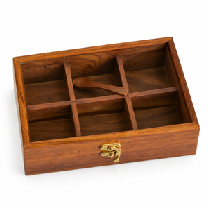 Wooden Masala <b>Box</b> with 6 Compartments & Spoon | <b>Indian</b> <b>Spice</b> Storage <b>Box</b> with Brass Latch for Kitchen <b>Spices</b> and Condiments Home - Product Image 1