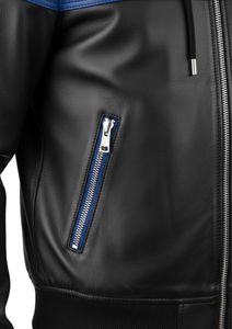 Designer Men's Royal Blue and Black Leather Athleisure Tracksuit with Full-Zip Hooded <b>Jacket</b> - Product Image 2
