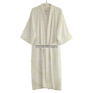 Bloc imprimé indien fait à la main pur coton écologique longueur au sol doux luxe confortable Kimono Robe femmes peignoir vêtements de nuit - Product Image 1