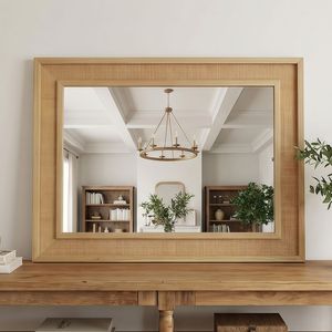 Specchio Decorativo Rettangolare 20"x30" con Cornice in Legno Massello e Rattan, Colore Legno Naturale, per Bagno, Casa, Ingresso, Stile Rustico - Product Image 1