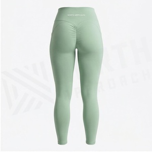 High Waist Full Length Yoga Leggings Solid <b>Mint</b> <b>Green</b> Seamless Four-Way Stretch With Pockets Women's Activewear - Product Image 3
