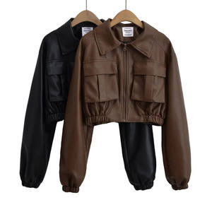 QASWA SPORTS Custom Women Cropped Leather Bomber <b>Jacket</b> Turn Collar Pocket Zipper Elastic Hem Casual Streetwear Vintage - Product Image 1