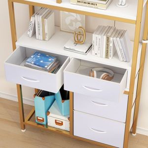 Libreria a 6 Ripiani e 4 Cassetti 90*30*174cm con Struttura Dorata, Tessuto Non Tessuto, Pannello in Truciolato Bianco e Telaio in Ferro - Product Image 5