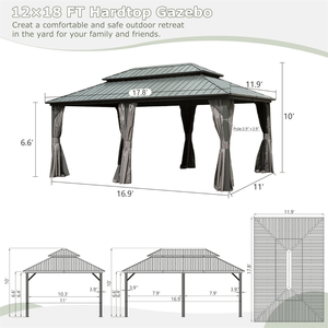 12 X 18 Hardtop Aluminum Metal Gazebo with Galvanized Steel Double <b>Roof</b> <b>Canopy</b> & Curtain Netting Permanent Pergola - Product Image 6