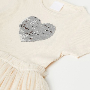 Beige embellished fit & <b>flare</b> dress Round neck Short, regular sleeves <b>Sequined</b> details Midi length in flared hem 100%cotton BD - Product Image 3