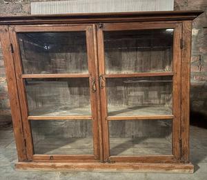 <b>Rustic</b> Solid Wood <b>Cabinet</b> Wooden Storage Unit Glass Door Display Cupboard for Dining Room Kitchen Home Interior - Product Image 1