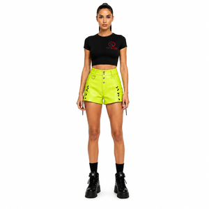 Custom Women's High Waist Leather Micro Shorts 380GSM Lambskin <b>Stretch</b> Leather Neon Green Snap-Button Sustainable Wide-Leg - Product Image 1