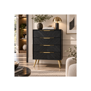 Stylish Wooden Tallboy Cabinet With Chevron Wood Front Design, Multiple <b>Drawers</b> And Practical Vertical <b>Storage</b> For Modern Home - Product Image 1