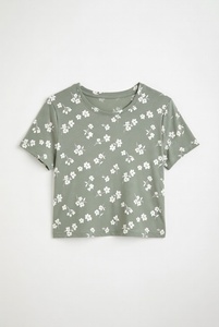 Women Floral Print <b>Crop</b> <b>Top</b> Short Sleeve Crew Neck Regular Fit Casual Knitted T-Shirt Spring Summer Breathable 100% Cotton - Product Image 1