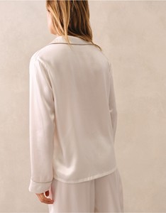 Women's <b>White</b> Satin Long Sleeve Pajama <b>Set</b> Classic Turn-down Collar Full Length Two-<b>Piece</b> Sleepwear Smooth Material - Product Image 4