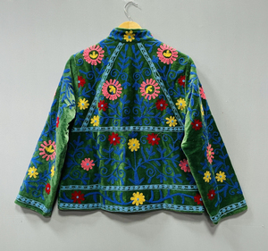 Handmade Velvet Suzani Bomber Jacket Uzbek Floral Embroidery 100% Cotton Velvet Women's All Seasons - Product Image 2