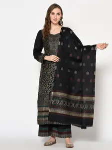 Tela de lana acro negra Safaa sin coser con estola a juego – Conjunto de traje étnico de invierno - Product Image 5