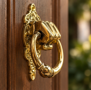 Sonnette de porte baroque en or poli avec poignée côtelée et plaque arrière florale ornée pour portes d'entrée traditionnelles - Product Image 2