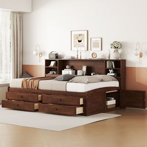 Cama de Madera Estilo Capitán, Tamaño Completo, Color Marrón Antiguo, con Estantes de Almacenamiento Integrados, 4 Cajones y 2 Armarios - Product Image 2