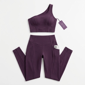 Womens Purple One Shoulder Yoga Set High Waist <b>Pocket</b> <b>Leggings</b> Gym Fitness Workout Activewear Two Piece Sportswear Set - Product Image 6