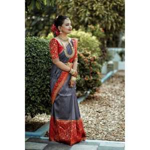 TRENDING SOUTH SEDA DIGITAL IMPRESO SAREE CON BLUSA DESCOSADA GRIS - Product Image 1