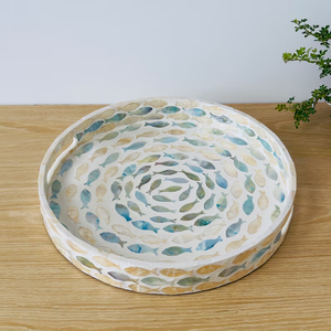 Round Mother of Pearl Shell Serving Tray <b>Fish</b> Pattern, Lacquer Wooden Shell Decorative Tray, Inlay - Product Image 2