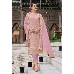 ATRACTIVE GEORGETTE BORDADO CON MOTI WORK TOP PANT CON DUPATTA ROSA - Product Image 1