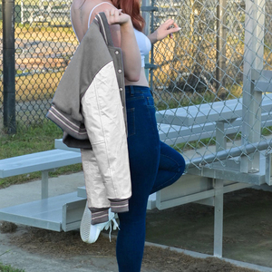 Womens Varsity Crop <b>Jacket</b> Grey <b>White</b> Letterman Style Bomber Coat Faux Leather Sleeves Casual Outerwear Ladies Fashion - Product Image 4