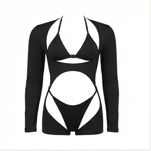 Women's Black One-Piece Swimsuit Halter Neck Hollow Out Cutout Long Sleeve Bodysuit Stretch Spandex Nylon Swimwear - Product Image 1