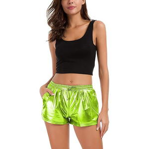 Shorts métalliques vert lime néon pour femmes, élastiques, à cordon de serrage, avec poche latérale, shorts en satin brillant effet miroir - Product Image 3