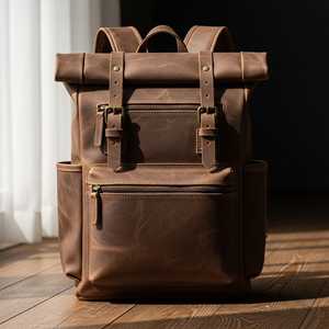 Multi Pocket Genuine Leather Roll Top <b>Backpack</b> Functional Travel Rucksack 15 Inch <b>Laptop</b> Bag For Business LRTB-0118 - Product Image 1