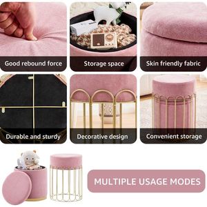 Set of 2 <b>Round</b> Velvet Upholstered Vanity <b>Stools</b> Comfortable Footrest Side Tables with Removable Lid for Living Room Storage - Product Image 5