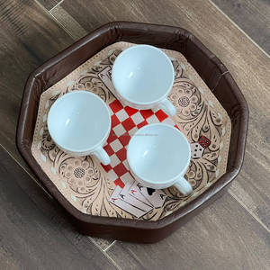 Hand Tooled Genuine Leather Octagonal Shape Storage Tray Floral Poker Dice Design Multifunctional Serving Dish For Table Decor - Product Image 3
