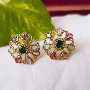 AD Studs Drop Earrings-Cute Classic Trendy Numbers Flowers Hearts Geometric with Emerald Pearl Diamond Quartz Shell Brass Alloy - Product Image 2