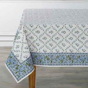 Nappe en coton imprimée à la main motif floral indien, couleur Poudre et Vert Pigeon, style français - Product Image 2