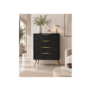 Modern <b>Wooden</b> <b>Chest</b> Of Drawers With Bold Chevron Pattern, Tall Vertical Cabinet Design And Golden Legs For Bedroom Furniture - Product Image 1