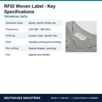 Étiquette tissée RFID UHF Nextwaves pour le suivi des vêtements, personnalisée et encodée, 63x40 83x25 87x42 mm
