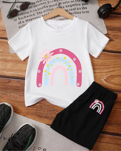 Girls 2-Piece Rainbow Print Set Short Sleeve Top with Black Shorts Summer Outfit Polyester/Cotton Breathable - Product Image 1