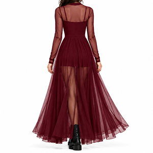 Robe longue noire à col choker et manches longues, avec superposition transparente, coupe trapèze ajustée, ourlet asymétrique, idéale pour les soirées, toutes saisons - Product Image 2