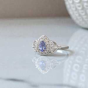 Bague halo en tanzanite, pierre précieuse en forme de poire, argent, style vintage, bijou de fiançailles, cadeau pour femme - Product Image 5