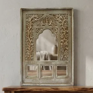Wooden Arch Jharokha <b>Mirror</b> <b>Wall</b> Decor Hand Carved Floral Frame <b>Hanging</b> for Living Room Bedroom Dining Entryway Farmhouse Home - Product Image 5