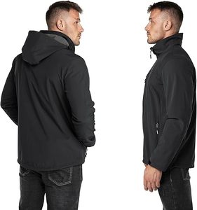 <b>Men's</b> <b>Black</b> Soft Shell Hooded Jacket Zip Fly Water Resistant <b>Windbreaker</b> Outdoor Wear Autumn Regular Fit Polyester Material - Product Image 1