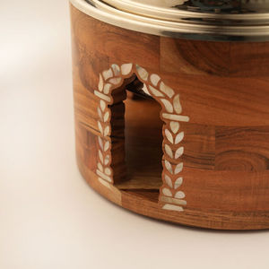 Premium Wooden Buffet <b>Server</b> with Hammered Stainless Steel Dome Lid Decorative <b>Food</b> Warmer Serving Bowl - Product Image 3