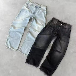 Jean droit déchiré taille haute pour homme, coupe ample, en denim de coton, style streetwear décontracté, grandes tailles - Product Image 1