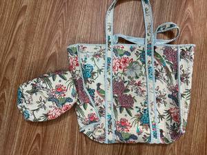 Green Floral Cotton Tote <b>Bag</b> with Matching Pouch Handcrafted Quilted Shoulder <b>Bag</b> with Zipper Closure for Shopping Everyday Use - Product Image 3