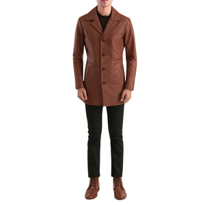 Abrigo de Hombre de Cuero Genuino Marrón, Cuello Solapa con Muescas, Corte Entallado - Product Image 1