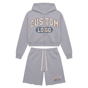 Ensemble sweat à capuche court zippé et short pour homme, avec logo personnalisé, imprimé universitaire vintage, en molleton, deux pièces, survêtement de jogging, tenue décontractée - Product Image 2