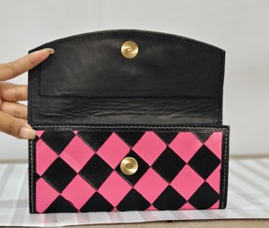 Women's Genuine Leather Long Clutch <b>Wallet</b> With Pink Black Diamond Geometric Pattern Handmade Fold Closure Fashion Clutch <b>Wallet</b> - Product Image 3