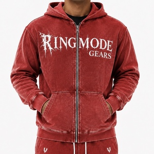 Unisex Vintage Washed Zip-Up Knitted Cotton Fleece Oversized Heavyweight <b>Lined</b> <b>Hoodie</b> with Streetwear Style - Product Image 1