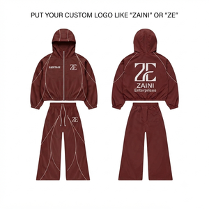 Traje Cortavientos para Mujer, 110 GSM, Microfibra de Poliéster Premium, Chaqueta con Capucha y Paneles Marrones, Pantalón de Pierna Ancha, Logotipo Personalizado - Product Image 1