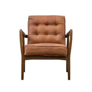 Sillón Artesanal de Estilo Moderno de Mediados de Siglo en Cuero de Primera Calidad Color Bronceado con Estructura de Madera Maciza - Product Image 1