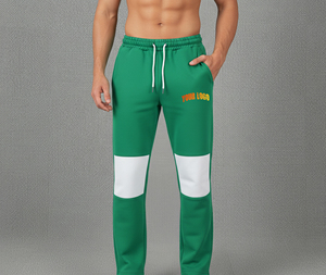 Pantalon de survêtement vert pour homme avec empiècements blancs, taille élastique, cordon de serrage, poches latérales, logo personnalisé sur la jambe droite, style décontracté - Product Image 4