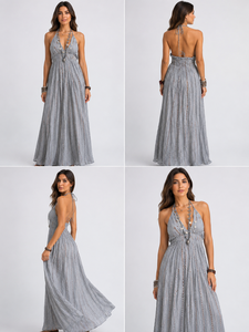 Robe maxi bohème à bretelles |   Robe longue d'été sans manches en coton gris à œillets pour la plage et les vacances - Product Image 2