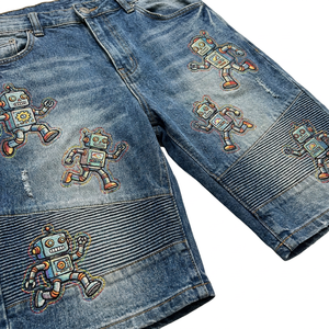 Shorts Bermuda en Jean pour Homme avec Logo Brodé Robot sur le Devant, Personnalisable, Décontracté, Taille Mi-Haute, Streetwear, Respirant, Séchage Rapide, Coton - Product Image 1