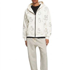 Custom <b>White</b> Zip <b>Hoodie</b> Silver Rhinestone Print <b>Oversized</b> Heavyweight 100% Men's Sweatshirt - Product Image 1